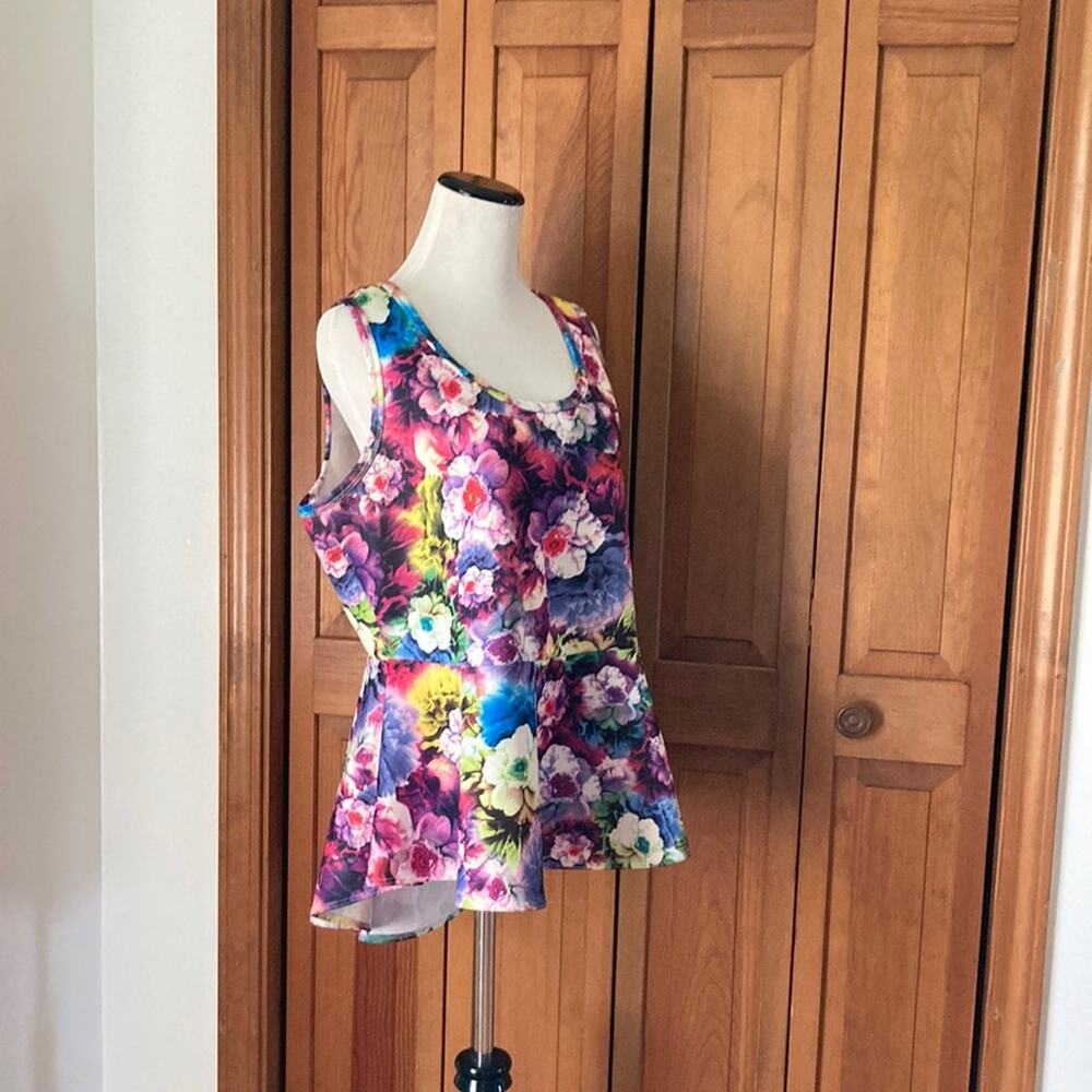 Discreet Floral Scuba Knit Peplum Pullover Top, Size 1X